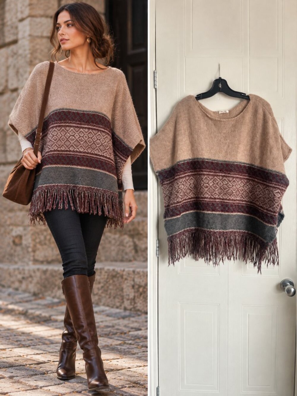 Uno Piu Uno Brown Fair Isle Knit Fringe Poncho Cape Boho Cabincore OS